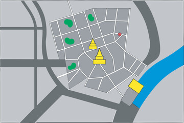 Stylized City Map with Landmarks and Waterway urban plan map of