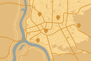 Yellow City Map with Orange Location Pins and River vector illustration map of