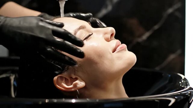 Woman relaxing while getting a hair wash and pampered at salon in a beauty and wellness concept conveying luxury self care and revitalizing experience