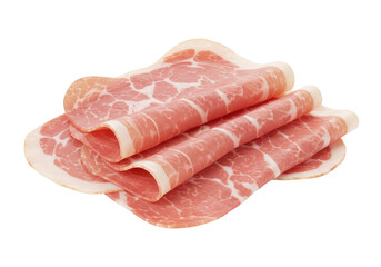 Isolated slices of prosciutto folded on each other, cured ham on display, cold cuts