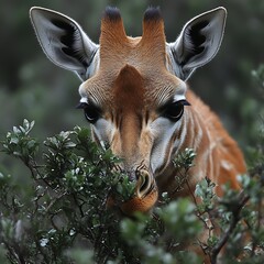 Close-up of a giraffe's head and neck.  Giraffe head, focused,  browsing on foliage.  Natural setting