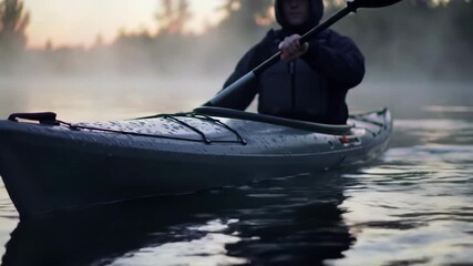 One person kayaking on calm lake during foggy sunrise. Kayaking adventure and travel with nature concept on lake.