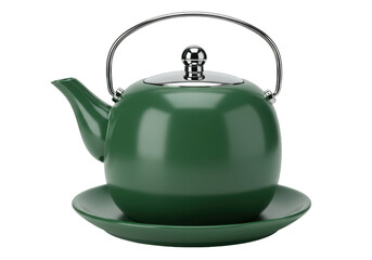 Isolated retro tea kettle on saucer, green ceramic pot with metal handle and lid on neutral