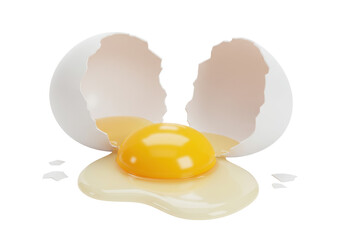 Isolated cracked egg with yolk spilled out. Fresh breakfast ingredient or food design