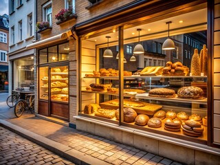 Charming bakery storefront showcasing a variety of breads and pastries through a large window display