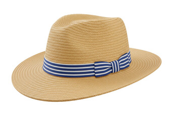 Isolated straw panama fedora hat with a blue striped band and knot for summertime style