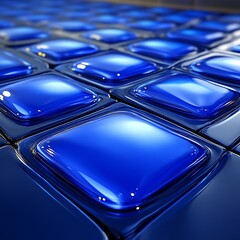 Close-up of a glossy, vibrant blue, square-tiled surface