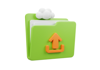 Isolated 3D-rendered green folder icon with an upload arrow and cloud symbol near the top