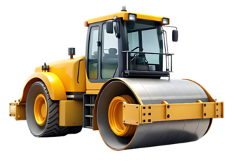 Yellow Road Roller with Large Rear Tires on Background steamroller compactor isolated on a transparent background