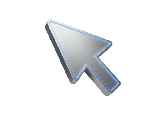 Isolated computer cursor with metal design and blue edge, digital pointer style effect