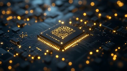 Close-up of a glowing processor chip on a circuit board