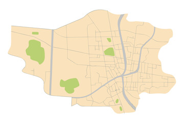 Beige city map with green park areas and a river cream map of