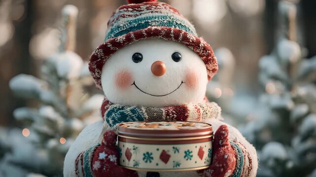 Snowman with a gentle smile holding a small cookie tin decorated with holiday patterns, snow-dusted trees behind