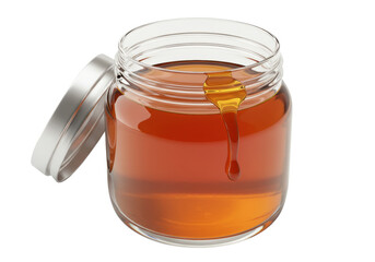 Isolated jar of thick amber honey with lid opened, golden drip suspended in container