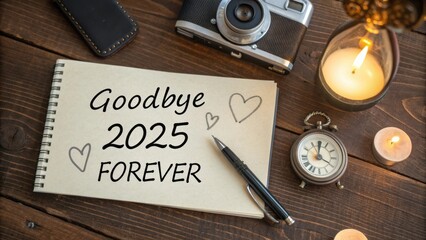 Nostalgic Farewell to the Year 2025 with a Vintage Camera, Clock, and Candle on a Rustic Wooden Table
