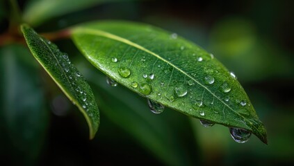 Fototapeta premium Close-up of a vibrant green leaf, glistening with water droplets. Dark, out-of-focus background