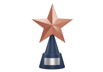 Isolated trophy reward, gold star award on blue base with blank silver name plate, success