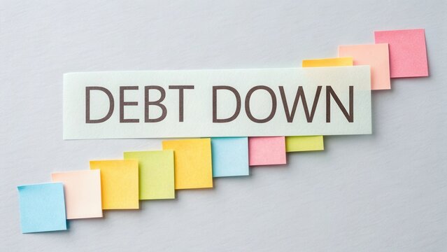 Creative concept of managing finance with sticky notes and text depicting debt reduction strategies on light background