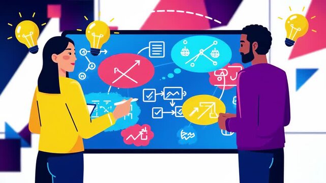 Flst vector of business team brainstorming ideas on whiteboard, woman pointing at diagram and man holding marker, collaborating on strategy