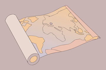 World Map Scroll on Muted map of Background parchment illustration