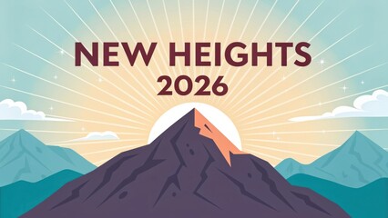 Inspirational mountain landscape with sun rays and text promoting new heights for the year 2026 in a vibrant color palette