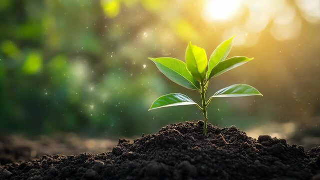 A young green plant in the soil , the beginning of new chapter , plant on the blurred background , with sunlight 