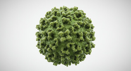 3D rendering of a green virus particle or microorganism on a white background, representing microscopic biology.