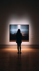 Obraz premium A solitary figure gazes at a dramatic landscape painting in a dimly lit art gallery.