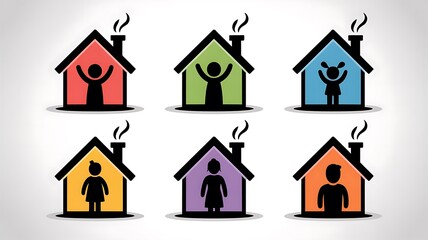 Colorful House Icons with People Raising Arms – Joy, Celebration, and Happy Home Life

