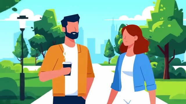 Flst vector of young man and woman walking and talking in the park on a sunny day with buildings in the background illustration
