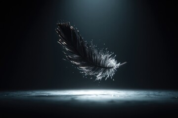 black feather floating in spotlight on dark background, surreal minimal clean stock photo