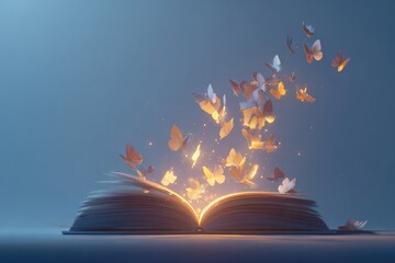 book opening with glowing butterflies flying out, bright surreal minimal stock composition