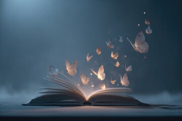 book opening with glowing butterflies flying out, bright surreal minimal stock composition