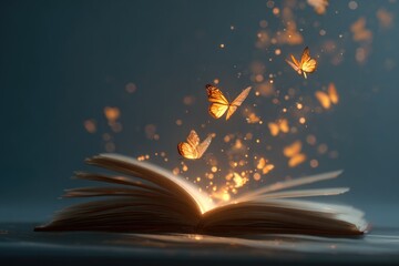 book opening with glowing butterflies flying out, bright surreal minimal stock composition