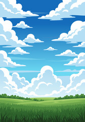 Obraz premium Cartoonish Landscape with Green Field and Fluffy Clouds in Blue Sky Vector