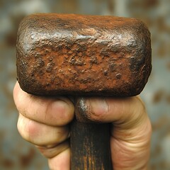 Close-up of a hand gripping a weathered, rusty hammer head