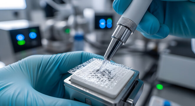 Precision laboratory scientist meticulously pipetting liquid onto cell culture plate for advanced research