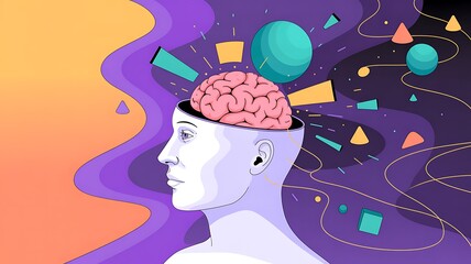 Human Head with Brain and Floating Geometric Shapes – Creativity, Innovation, and Cognitive Process

