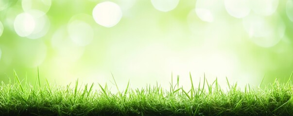 Fototapeta premium Close-up of vibrant green grass with a soft, blurred natural background featuring bokeh light effects.