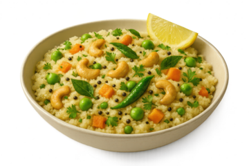 Savory Indian upma with vegetables isolated on transparent background.