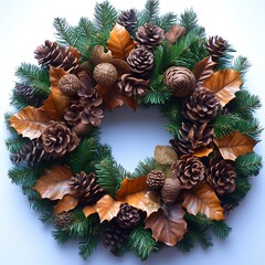 Circular autumnal wreath with pine cones, leaves, and berries