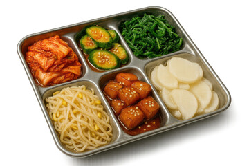 Traditional Korean banchan set in a metal tray, isolated on transparent background