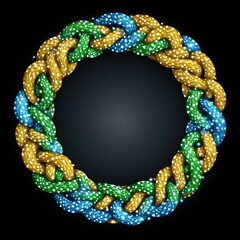 Circular braided rope frame, glittering in gold, green, and blue