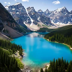 Papier peint photo  A breathtaking alpine lake nestled amongst towering snow-capped mountains, showcasing a vibrant turquoise hue and lush green forests.  © Rio
