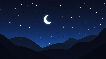 Obraz premium A bright full moon illuminates the dark silhouette of mountains, while twinkling stars fill the deep night sky. The serene landscape evokes a peaceful and calm ambiance.