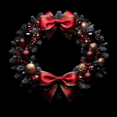 Circular Christmas wreath, dark background.  Red and gold bows, berries, and ornaments adorn dark green pine branches