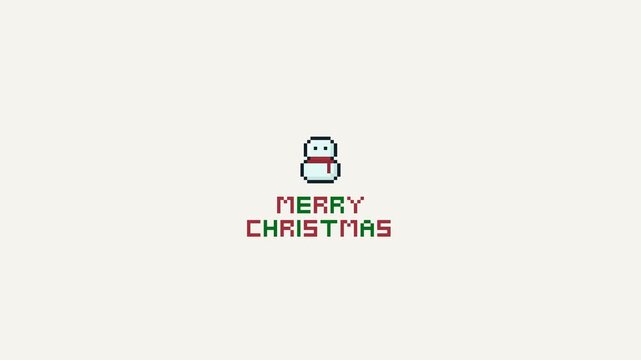 8-bit pixel art merry christmas lettering with snowman icon. christmas background and animation wallpaper. looped animation 4k 30fps