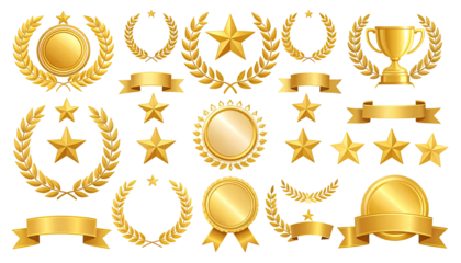Collection of gold award emblems and ribbons