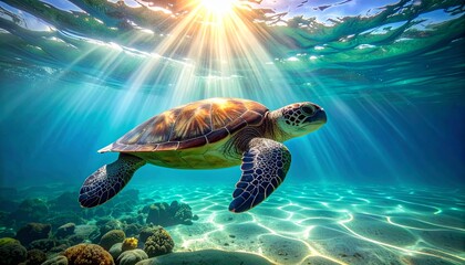 Fototapeta premium A majestic sea turtle gracefully swims in the clear turquoise ocean with sunbeams filtering through the water from above.