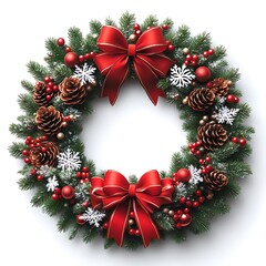 Circular Christmas wreath with festive decorations.  Red bows, pine cones, berries, and snowflakes adorn a lush green wreath